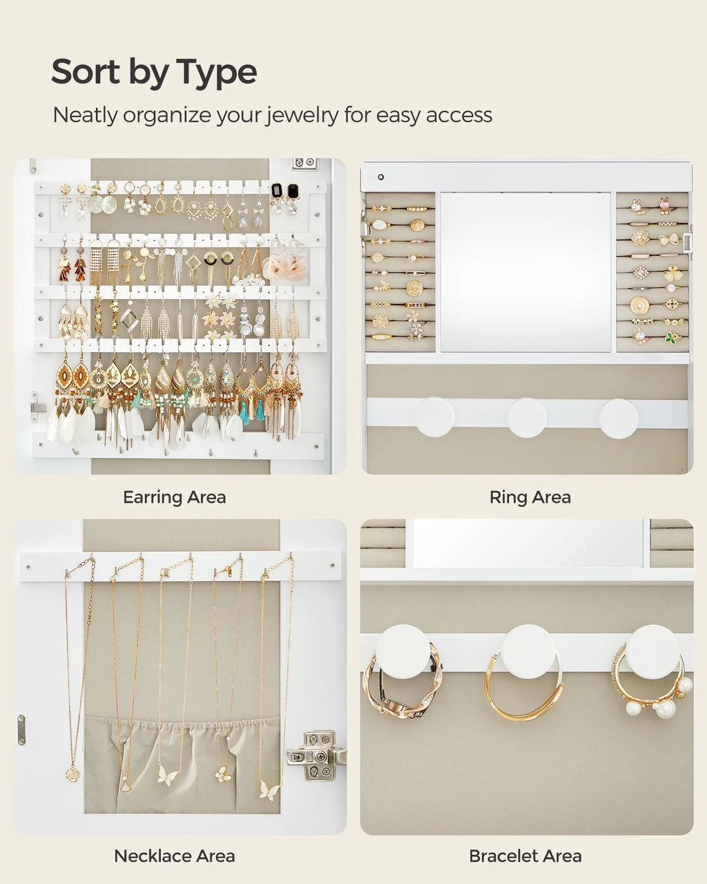 White Lockable Wall Mounted Jewelry Cabinet with Mirror Y47050