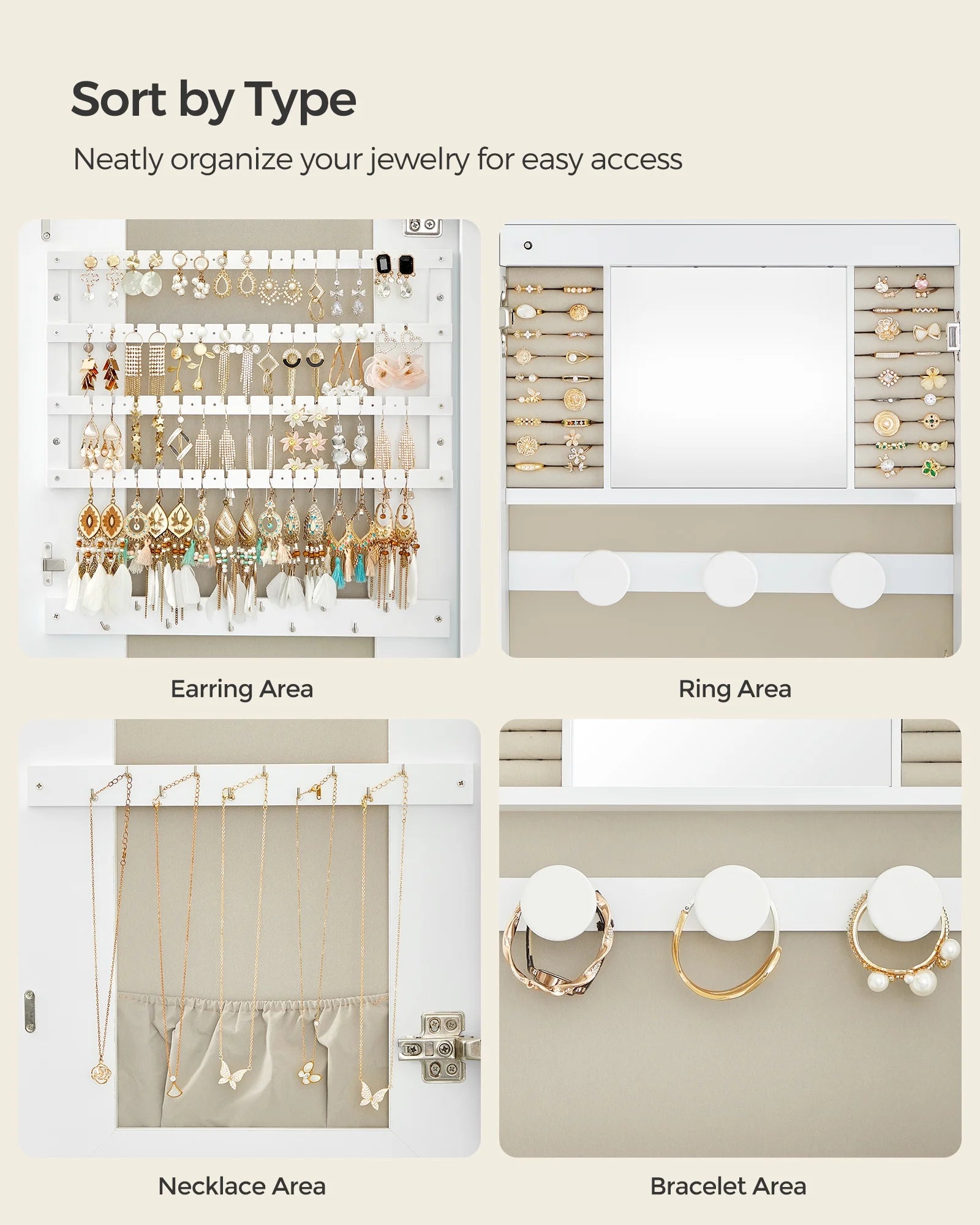 White Lockable Wall Mounted Jewelry Cabinet with Mirror Y47050