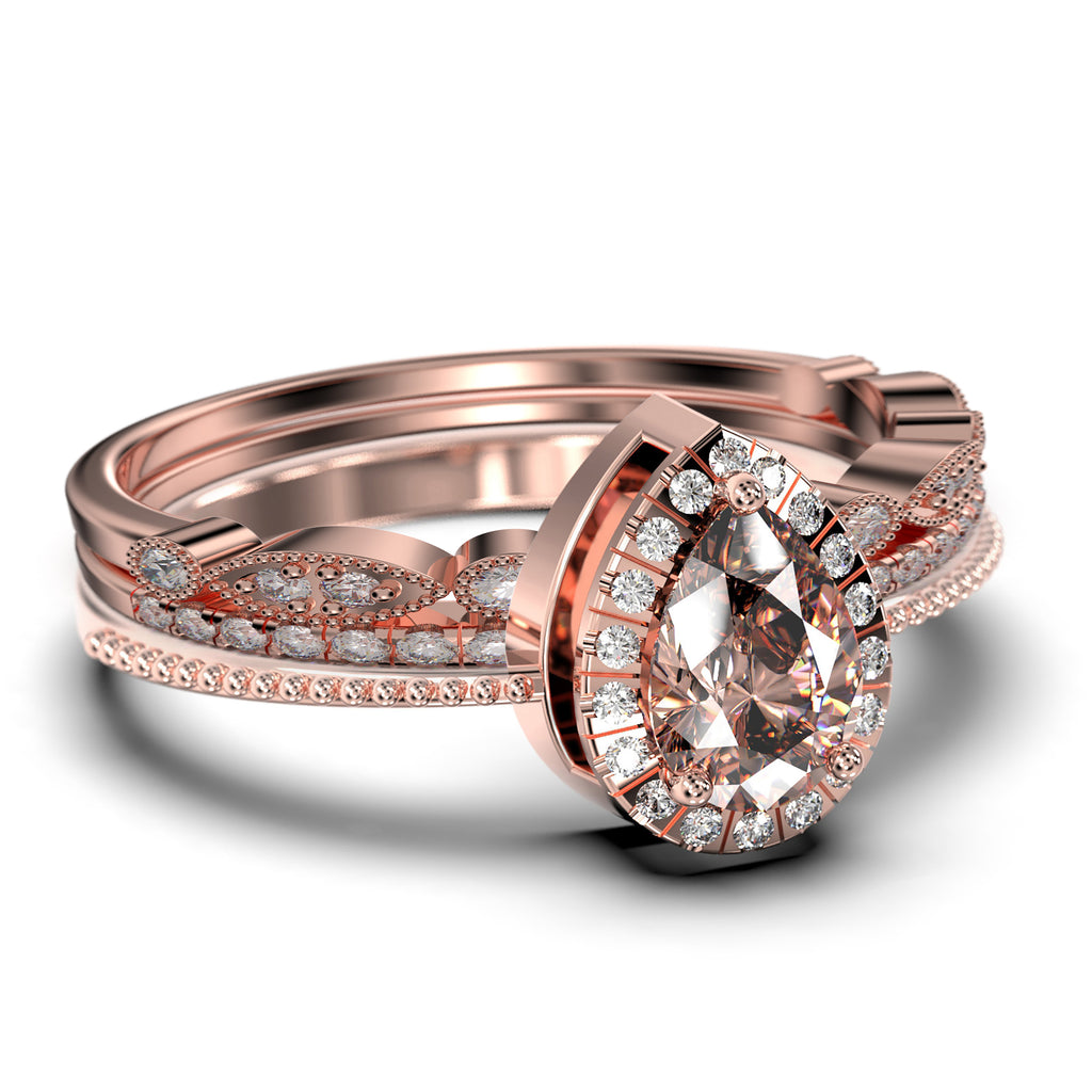 Vintage Pear Cut Morganite And Diamond Moissanite Engagement Ring Set in 925 Sterling Silver With 18k White Gold Plating Q1281