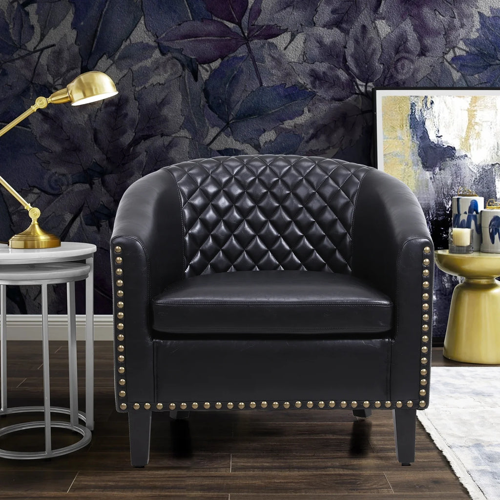 Black PU Leather Accent Barrel Chair with Solid Wood Legs Q6766