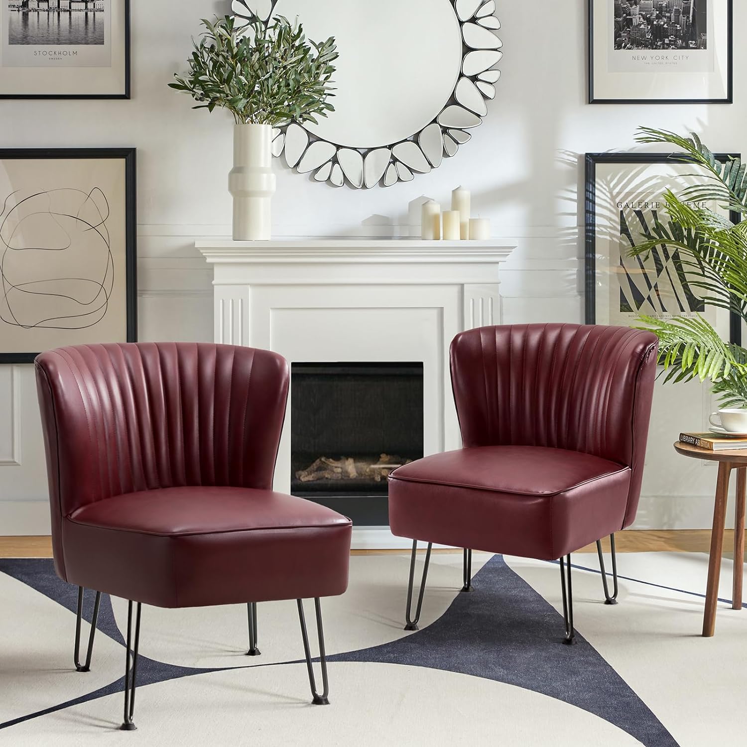 Burgundy Faux Leather Accent Chairs Set Of 2 With Metal Base T5292
