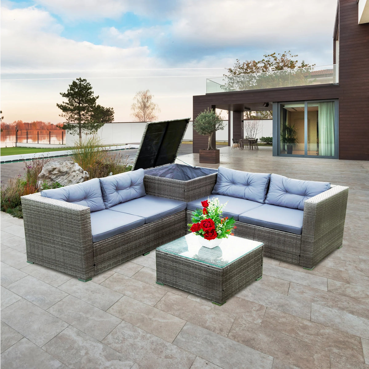4 Pcs Patio Rattan Wicker Sectional Sofa Set with Glass Coffee Table and Storage Box A32211