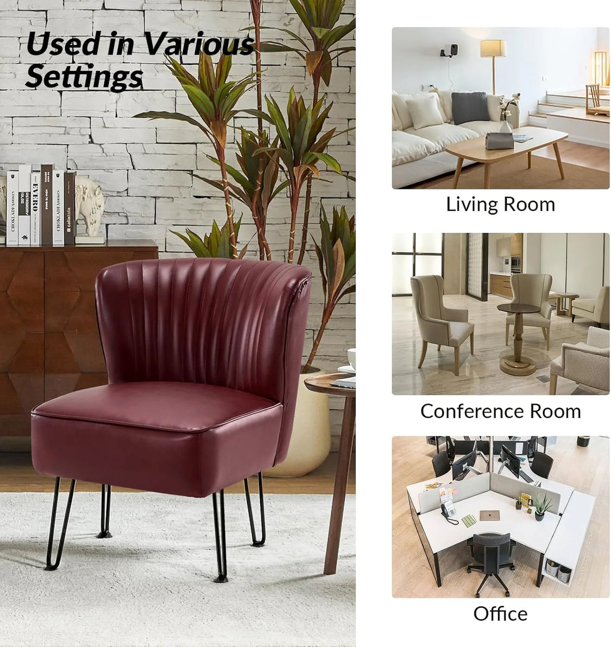 Burgundy Faux Leather Accent Chairs Set Of 2 With Metal Base T5292