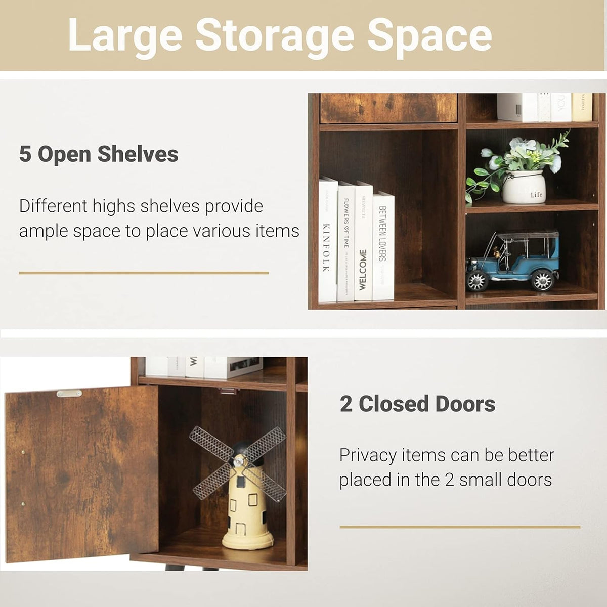 Large Storage Cabinet with 2 Doors, 5 Open Shelves, Adjustable Shelf, Rustic Brown K544