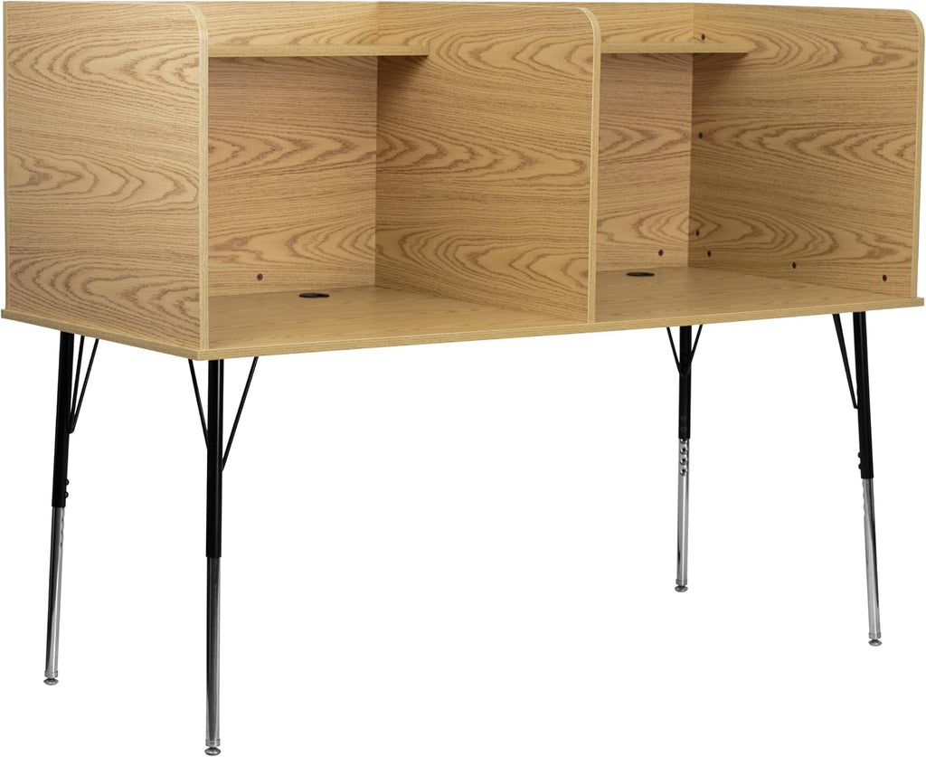 Double Wide Study Carrel with Adjustable Legs and Top Shelf in Nebula Grey Y962