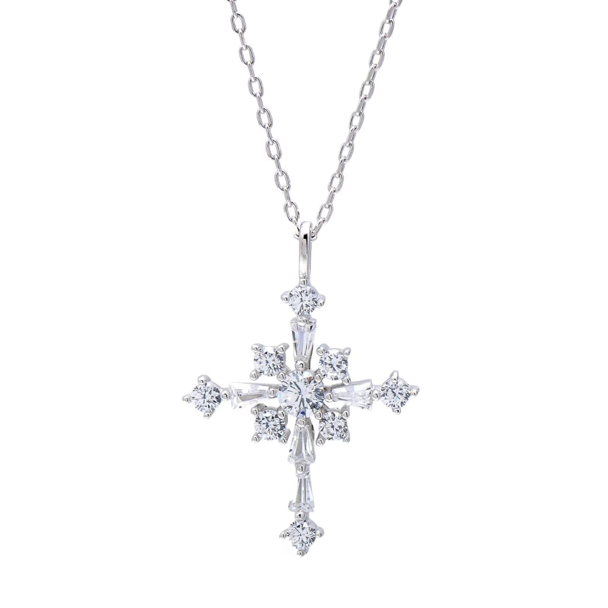 Round Cut White Diamond 925 Sterling Silver Cluster Diamond Cross Pendant Necklace I341914