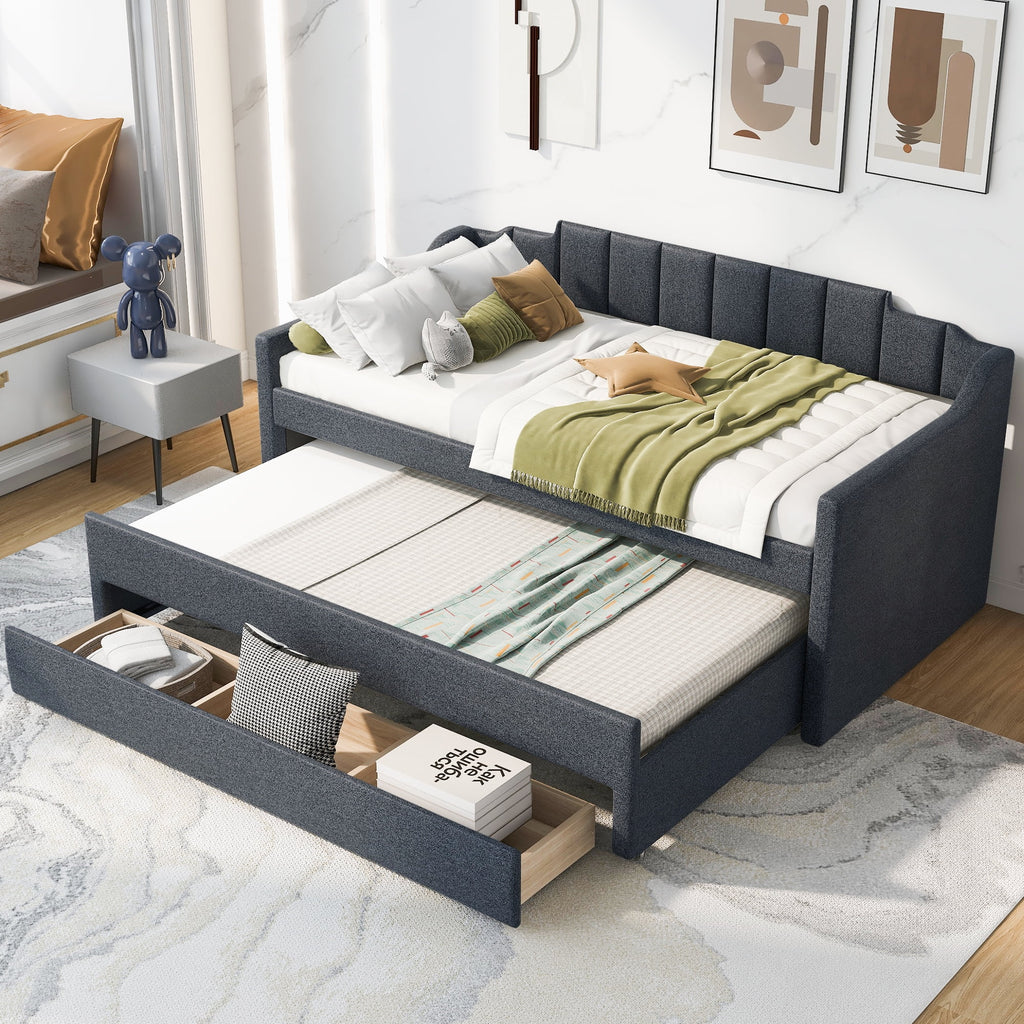 Twin Size Upholstered Daybed with Trundle and Drawers, Dark Gray G5128