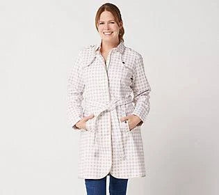 Gingham Trench Coat with Piping Detail, Size Plus 26, Country Linen N572494
