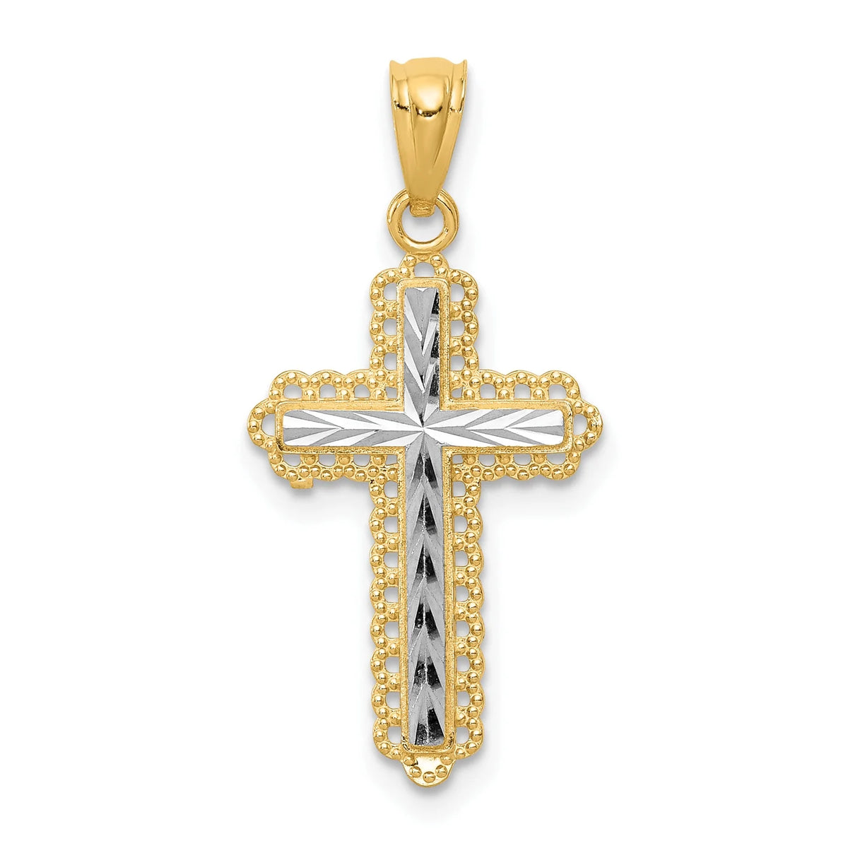 14K Two-Tone Gold Rhodium Plated Diamond Cut Cross Pendant with 14K Yellow Gold Rope Chain 16" M865