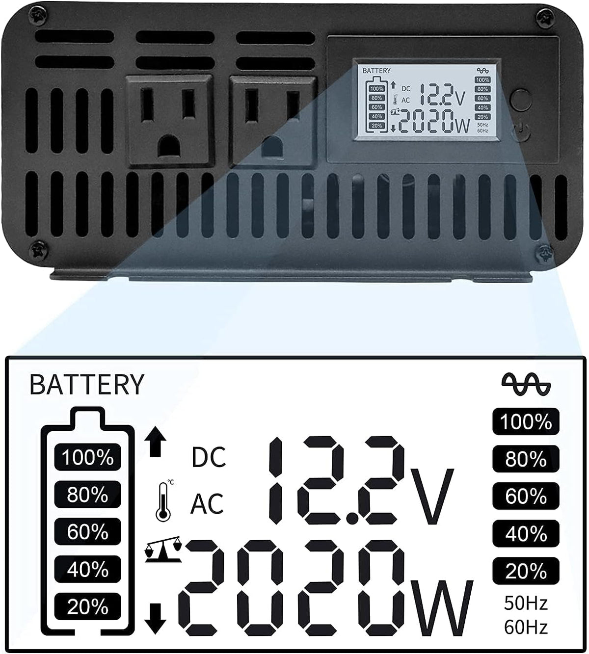 2000W Pure Sine Wave Inverter 12V DC to 110V AC Dual AC Outlets LED Display Car Converter W753