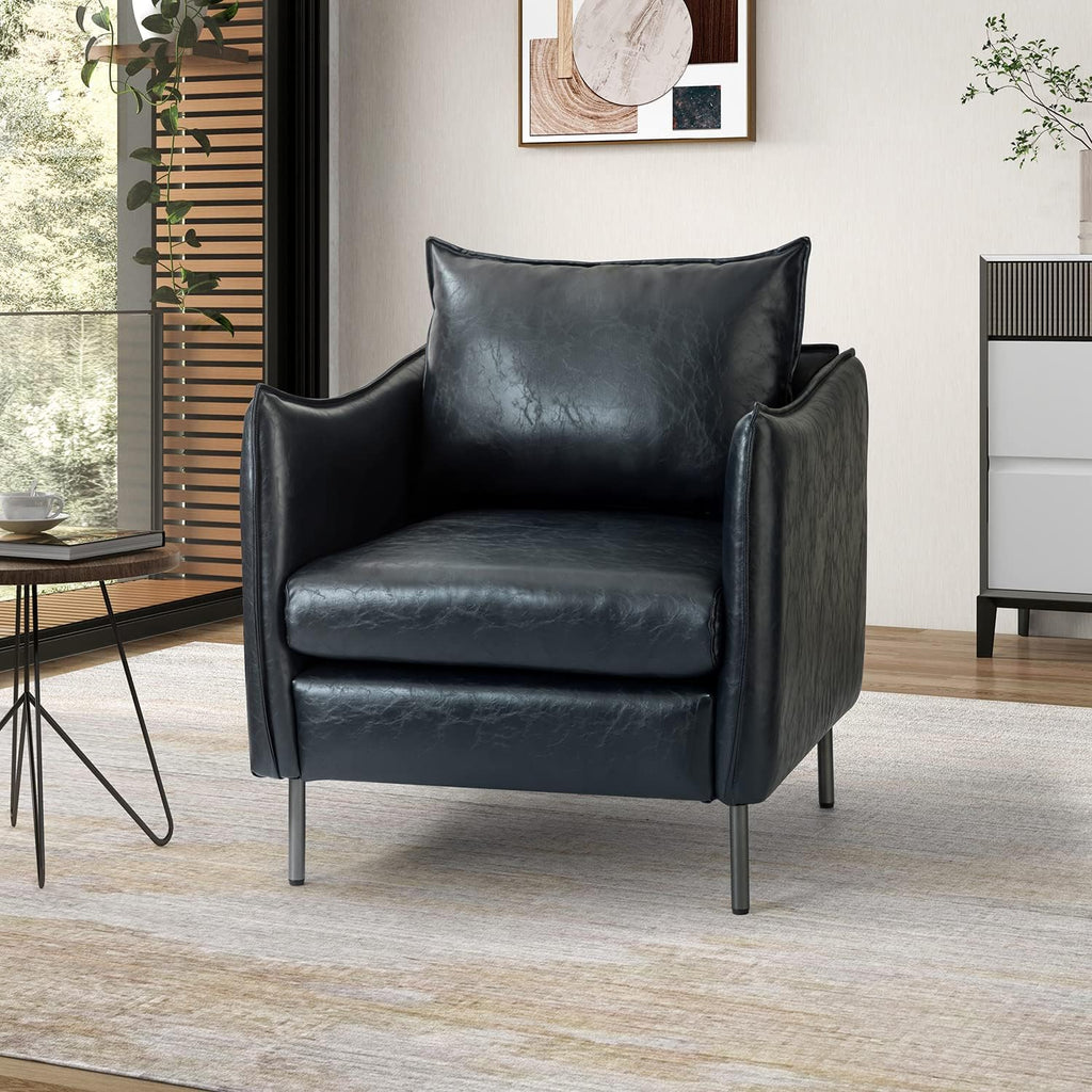 Navy Faux Leather Armchair with Moveable Cushion Y890