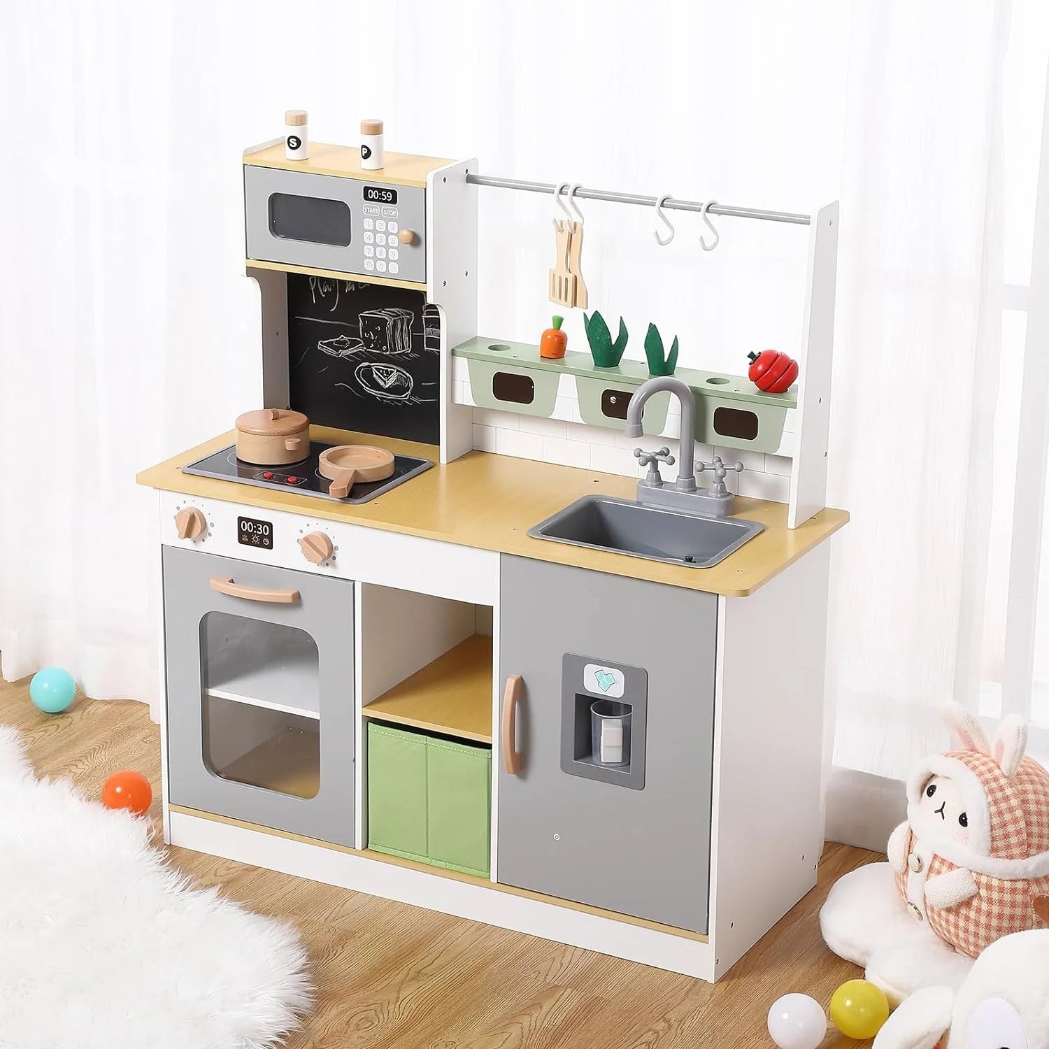 Wooden Farm Chef Pretend Play Kitchen Playset with Cookware Accessories K315449