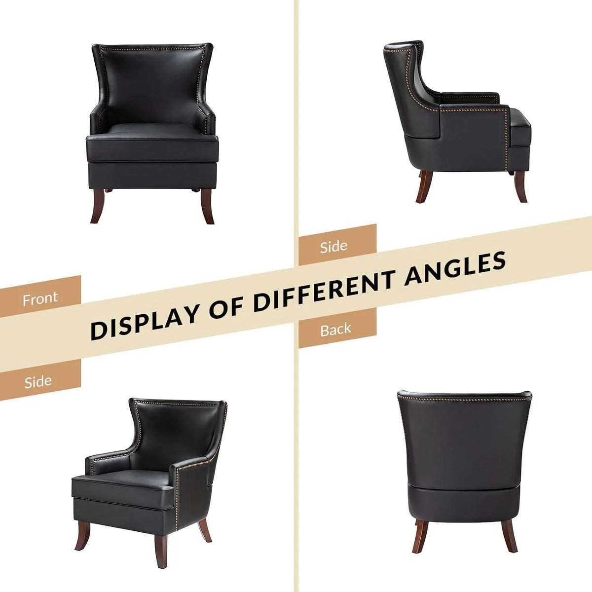 Black Faux Leather Wingback Accent Chair with Nailhead Trim K42694