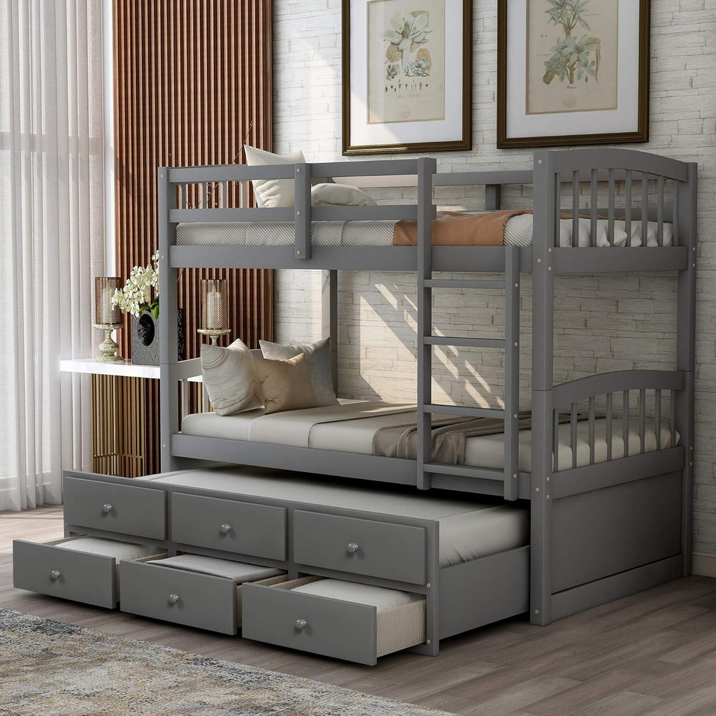 White Twin Over Twin Wood Bunk Bed with Two Storage Drawers and Ladder U5413