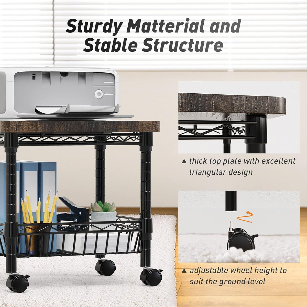 Printer Stand with Storage, Metal Printer Cart, Heavy Duty Printer Table U65409