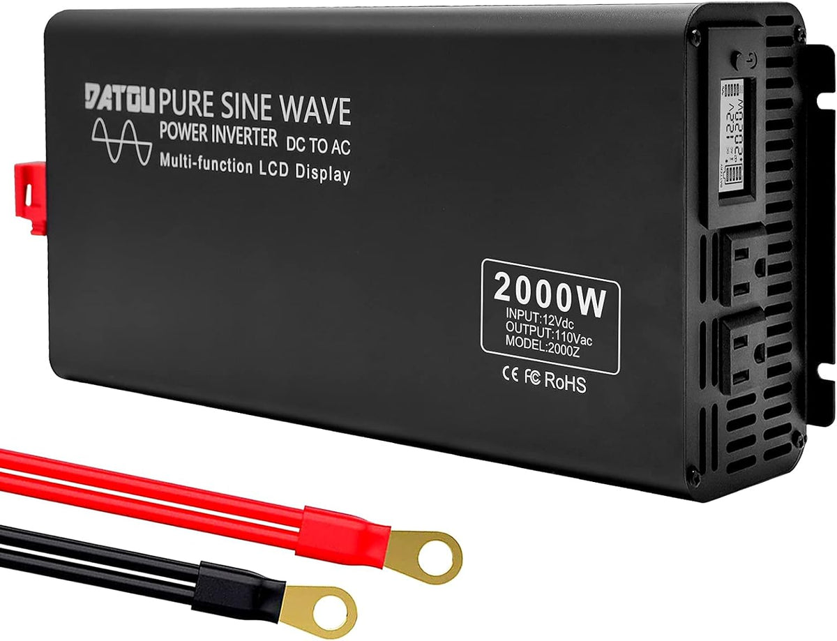 2000W Pure Sine Wave Inverter 12V DC to 110V AC Dual AC Outlets LED Display Car Converter W753
