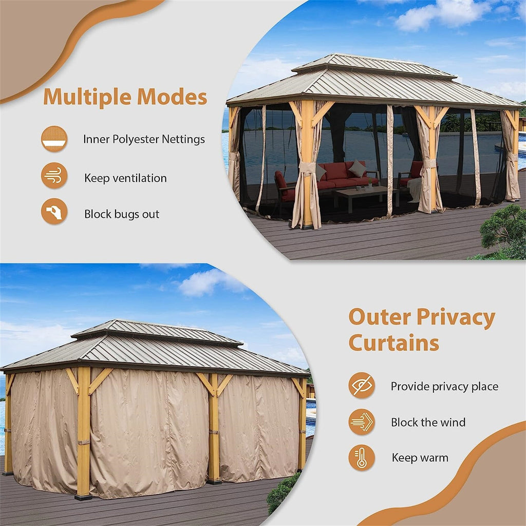12'x20' Outdoor Gazebo Double Roof Galvanized Steel Canopy Cedar Wood Frame with Netting & Curtains H15713