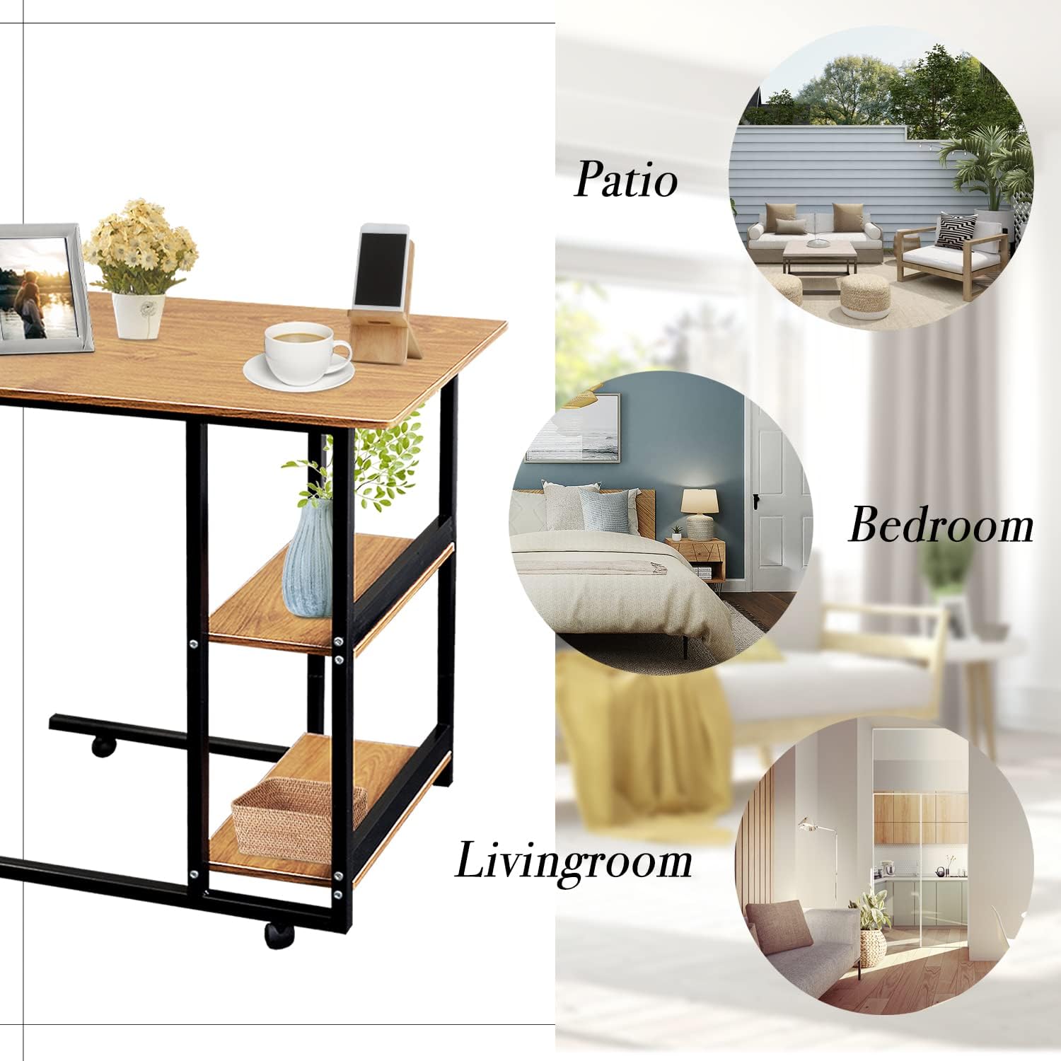 Movable Wooden Night Stand Desk with 4 Wheels Cart Tray O860